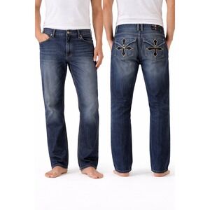 Brooklyn Xpress Mens Jeans Gothic Cross Embroidered Dark Denim Relaxed 36x32